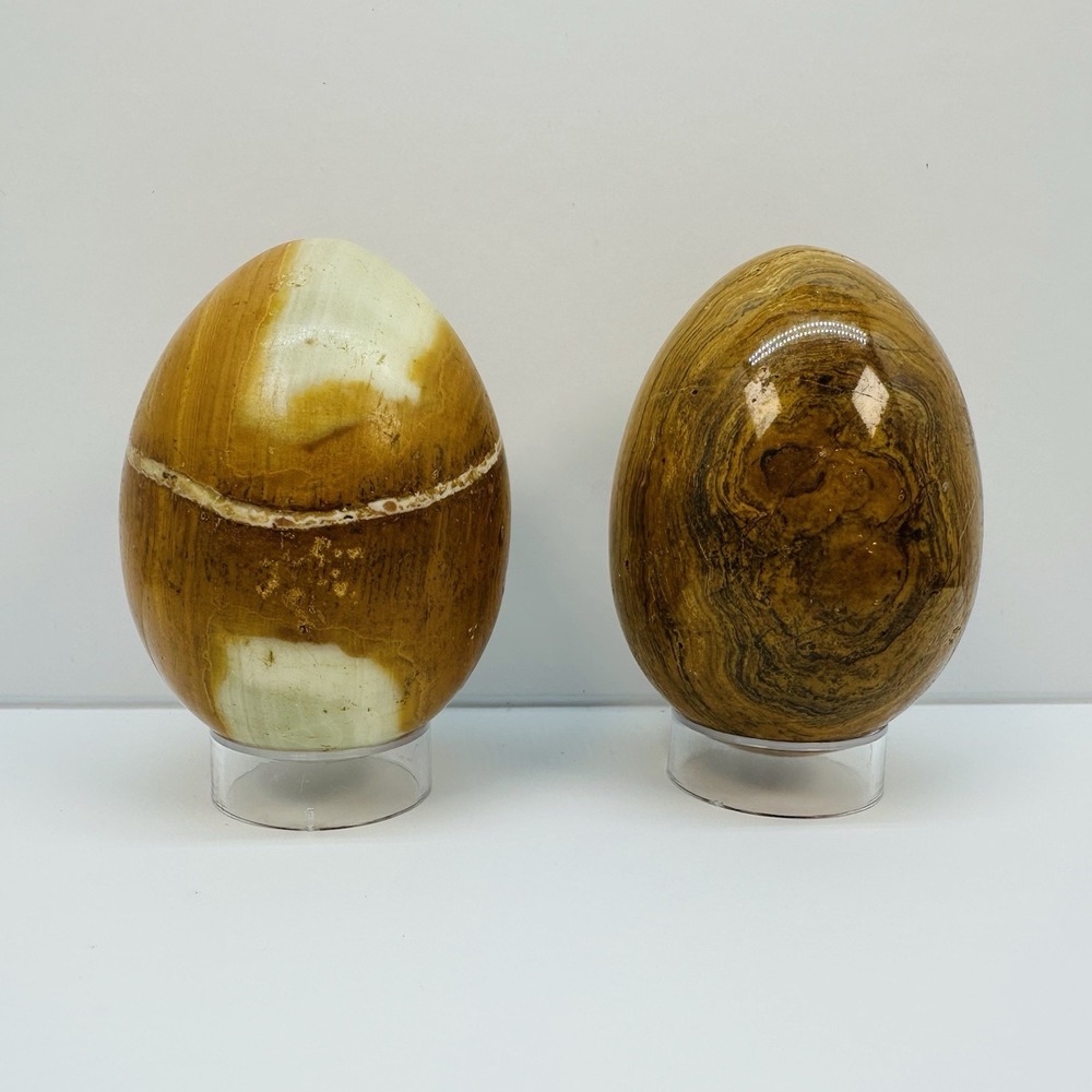 VTG Set Of 2 Banded Onyx Agate Polished Stone Eggs 3" Tan Brown Paperweight